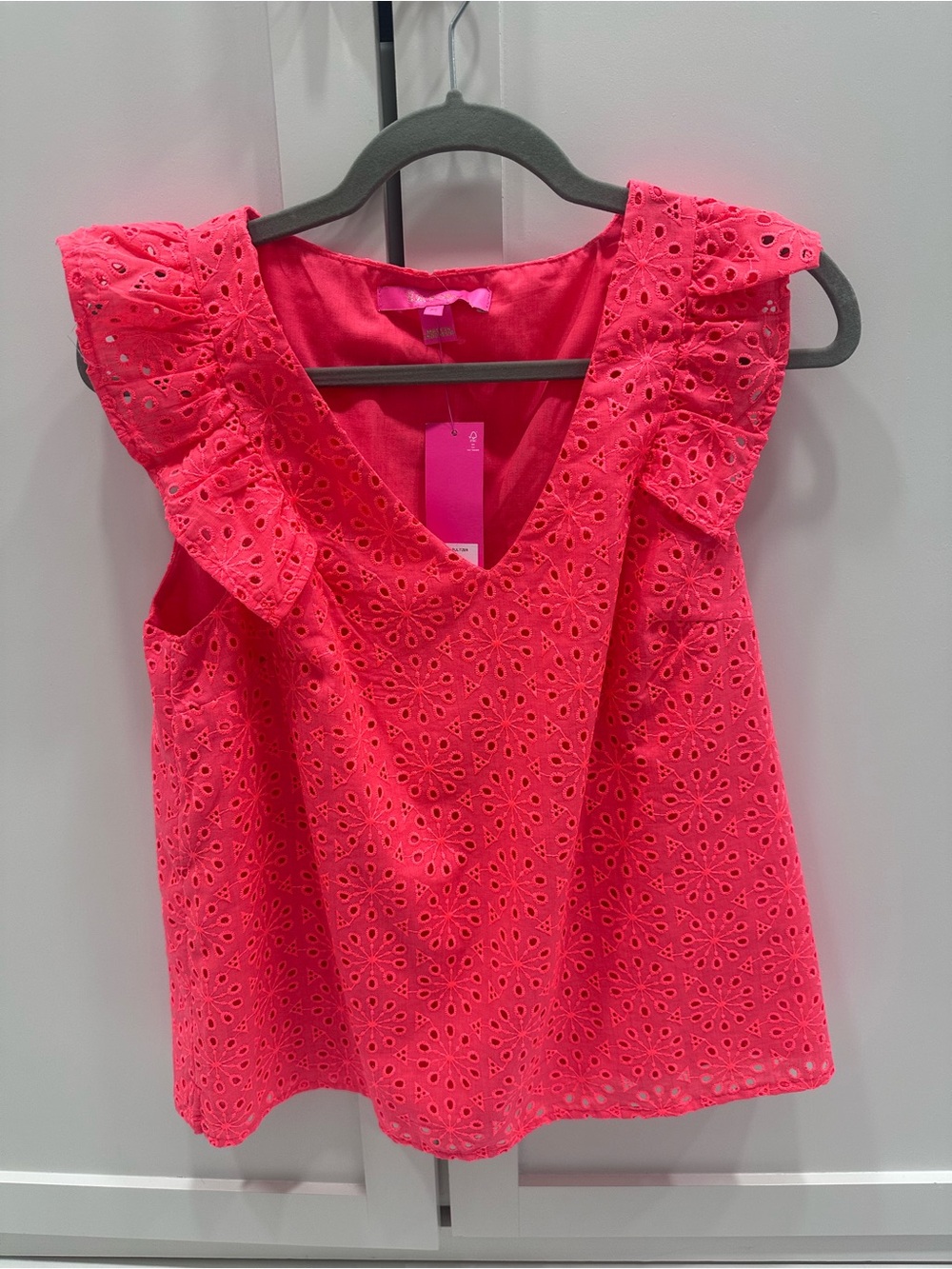 Sleeveless Eyelet Ruffle Top in Bright Pink - Brand: